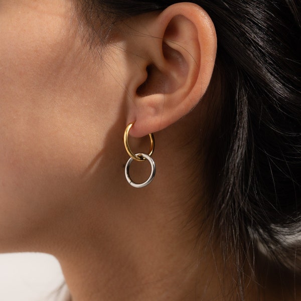 Interlocking Hoop Earrings by Babeina, Gold Ring Earrings, 2-Tones Silver Gold Circle Earrings, Double Loop Creole, Double Circle Earrings