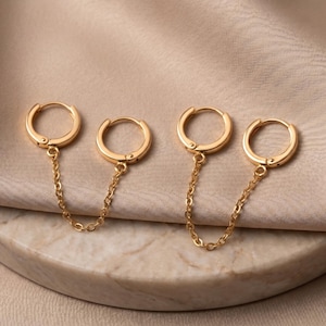 Double Piercing Earrings with Chain, Connected Earrings, Double Hole Chain Hoops, Pair Connected Hoops, Christmas Gift