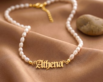 18K Gold Old English Name Necklace, Pearl Waterproof Name Necklace, Gold Christmas Gift Custom Necklace, Personalized Jewelry, Minimalist,