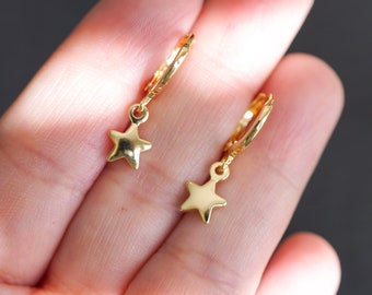 18K Gold FILLED Puffy Star Huggies, Mini Star Earrings, Dangle Star Earrings, Dainty Star Earrings, Delicate, Gift for her, Christmas Gifts