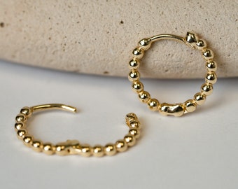 14K Solid Gold Hoop Earrings, Dainty Huggie Hoops, Mini Huggie Hoops, Gold Ball Hoops,  Simple Hoops, Conch Earrings, Beaded Hoops