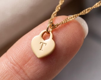 Initial Necklace by Babeina, Tiny Heart Pendant, Gift For Mom, Letter Lock Necklace, Engraved Heart Necklace, Dainty Initial Tag Necklace
