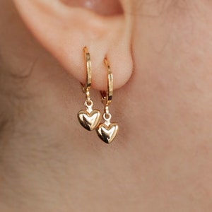 Mini Heart Earrings, Dangle Heart Earrings, Dainty Heart Earrings, Puffy Heart Huggies, Puffy Heart Drops, Christmas  Gift, Tiny Heart Charm