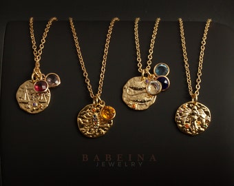 18K GOLD FILLED Constellation Birthstone Necklace, Zodiac Necklace, Birthday Gift, Coin Birth Sign, Disc,  for her, Christmas Gift