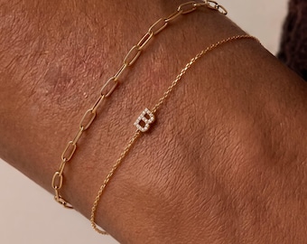14K Solid Gold Letter Bracelet, Pavé Natural Diamond Initial Bracelet, Personalized Diamond Bracelet, Custom Initial Jewelry, Everyday Gift