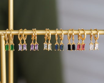 Baguette Dangle Earrings by Babeina, Birthstone Earrings, Baguette Earrings, Dangle Huggies, Perfect Christmas Gift