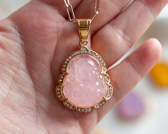 Buddha necklace in pink tones with three strands