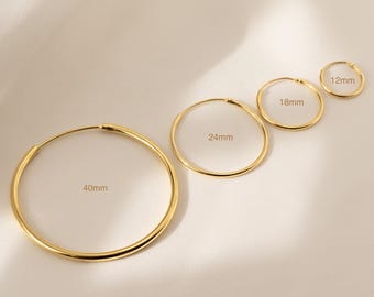 14k Gold Endless Hoop Earrings, 925 Sterling Silver, Lightweight Everyday Thin Huggies, 12-18-24-40mm Waterproof Hoops