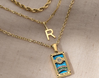 3 Piece Gold Necklace Set, Sun Tarot Card Pendant, Initial Charm Layered Necklace, Celestial Spiritual Jewelry Gift for Her, Mystical Jewels