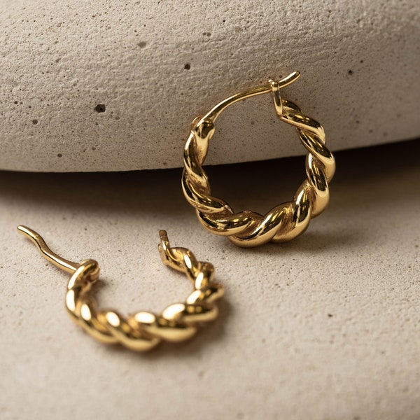 14k Gold Twisted Hoops, Minimalist Earrings, Silver Huggie Hoops, Birthday Gift, Gift for Her, Tiny Croissant Hoops, Gift for moms