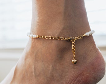 18K Gold Fresh Water Pearl Anklet, Beaded Anklet, WATERPROOF Christmas Gift Jewelry, Curb Anklet, Chunky Pearl Anklet, Christmas Gift