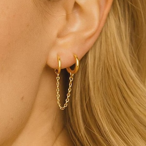 Double Piercing Earrings with Chain, Connected Earrings, Double Hole Chain Hoops, Pair Connected Hoops, Christmas Gift