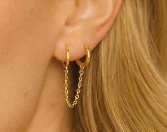 Double Piercing Earrings with Chain, Connected Earrings, Double Hole Chain Hoops, Pair Connected Hoops, Christmas Gift