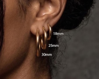 Gold Hoops Earrings, 18K Gold Plated Hoop Earrings,  Dainty Thin 18-25-30mm Small-Large Hoops, Everyday Waterproof Hoops, Jewelry Gift