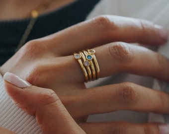 14K Gold Vermeil Birthstone Ring by Babeina, Stackable Birthstone Ring, Stacking Rings, Gemstone Rings, Gift for Moms, Christmas Gift Idea