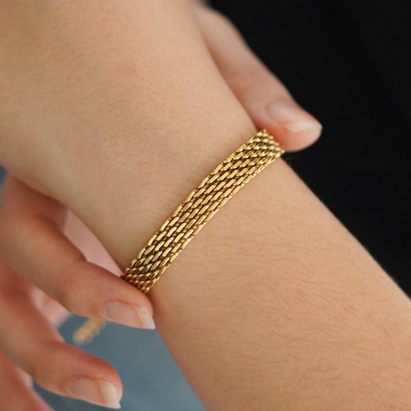 18K Gold Vintage Retro Mesh Bracelet, Christmas Gift Chain Bracelet, WATERPROOF Jewelry Bracelet, Herringbone Chain, Women Men Gold Gift