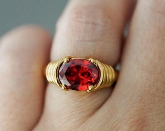 Anillo con granate rojo, joya con piedra natal de enero, anillo de cóctel de oro, anillo con gema gruesa, anillo con gema roja, reliquia familiar