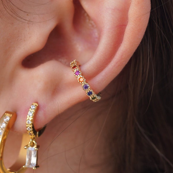 18K Gold Filled Rainbow Ear Cuffs • Pave Cuff Earrings • Ear Cuff No Piercing • Cartilage Earring • Delicate Ear Cuff • Christmas Gift for