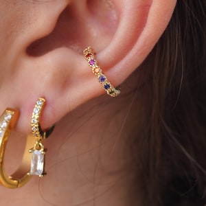 14K Gold Rainbow Ear Cuff, Pave Cuff Earrings, Ear Cuff No Piercing, Cartilage Earring, Delicate Ear Cuffs, Christmas Gift