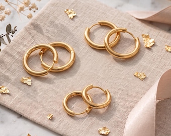 Gold Hoop Earrings, Antitarnish Hoops, STAINLESS STEEL hoops, 10 mm, 12 mm, Tarnish Resistant, Unisex Hoops, Mothers Day Gift, Gift for Mom