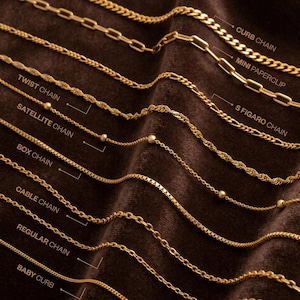 May include: A selection of gold-colored necklaces displayed on a brown velvet surface. The image showcases various chain styles, including curb, mini paperclip, S figaro, twist, satellite, box, cable, regular, and baby curb chains. Text labels identify each chain type.