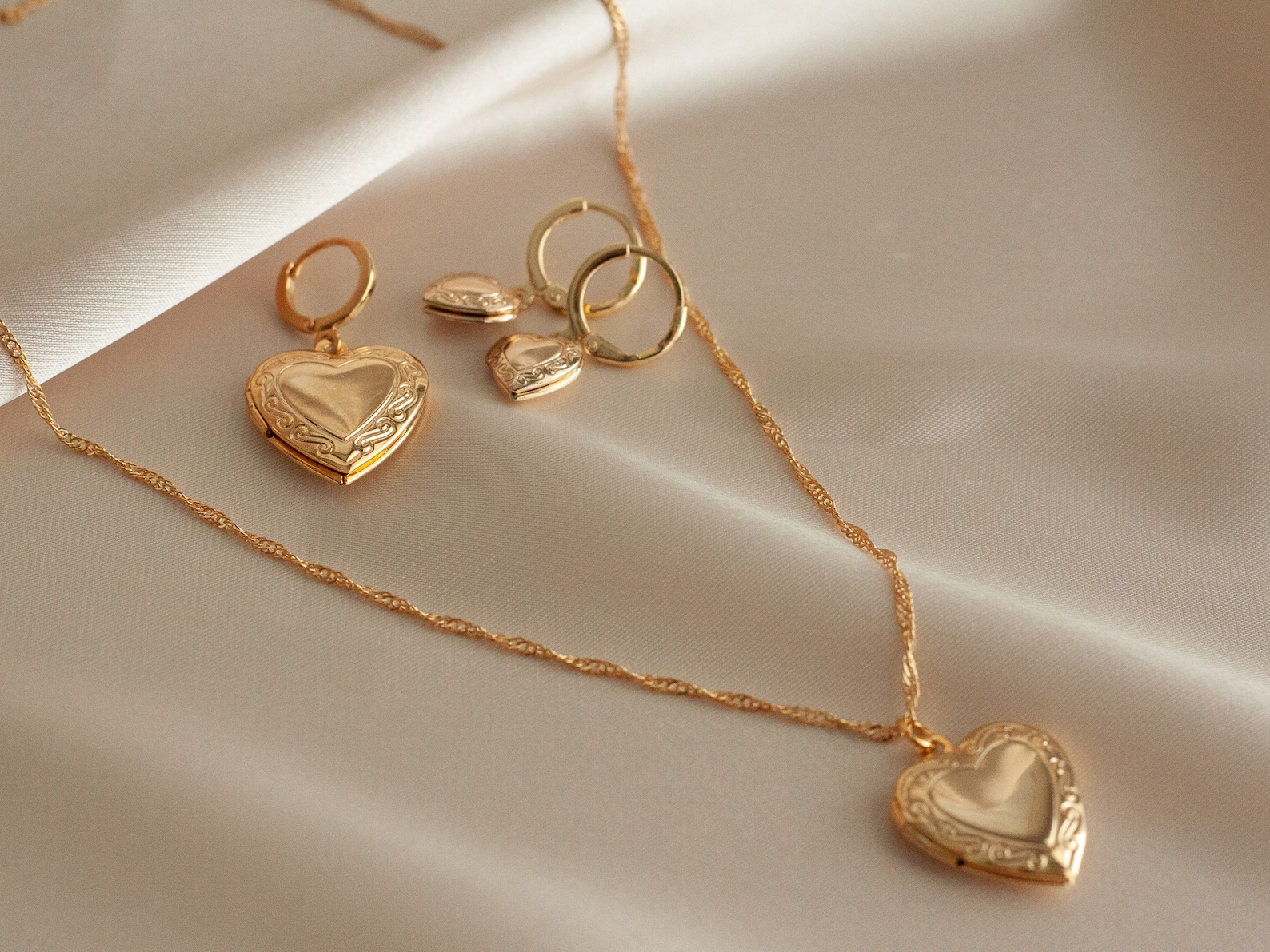 Gold Heart Locket Necklace Heart Earrings Hoops Huggies Etsy
