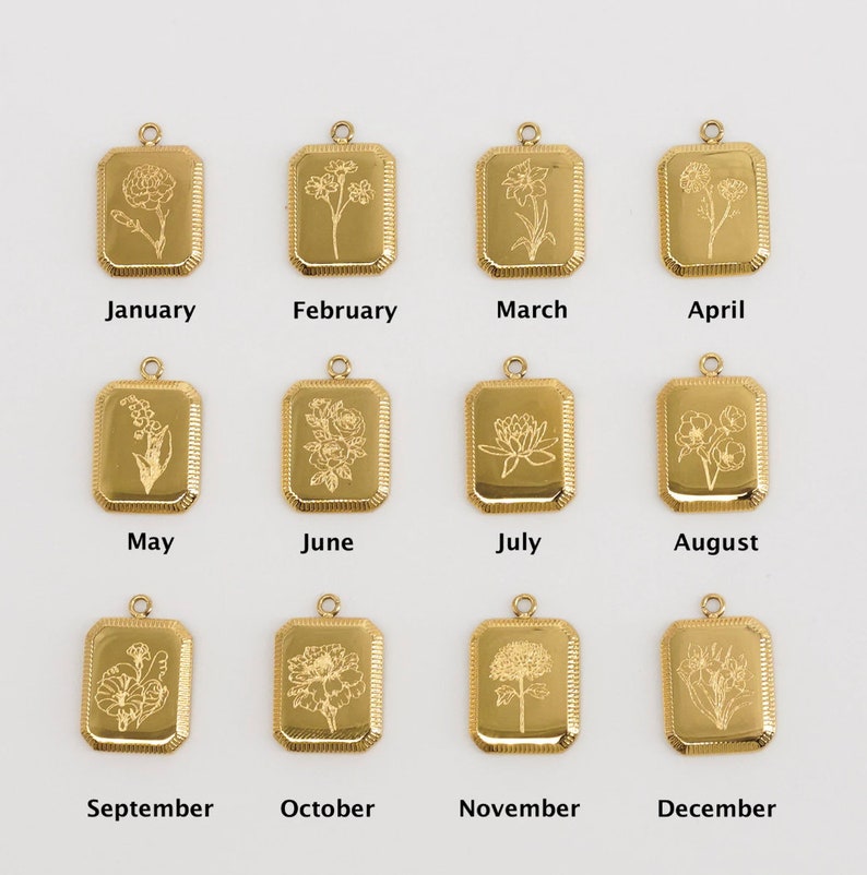 Square birth flower pendant represented by months