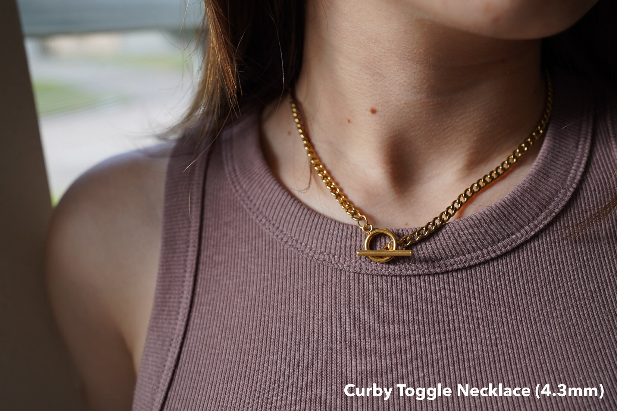 18K Gold Toggle Cuban Necklace, Layering Chain, T Bar Necklace, Toggle Clasp Choker, Christmas Gift, Curb Chunky Link Waterproof