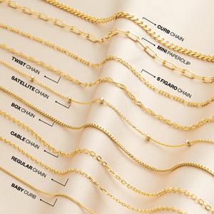 May include: A close-up of ten different gold chains, each labeled with its name: Twist Chain, Satellite Chain, Box Chain, Cable Chain, Regular Chain, Baby Curb, Curb Chain, Mini Paperclip, S Figaro Chain.