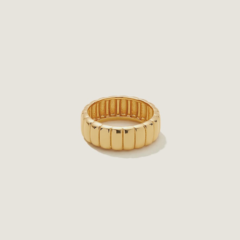 May include: A gold-colored ring with a ribbed design. The ring has a thick band with vertical rectangular ridges around the entire circumference. The ring is made of a shiny, polished metal and sits on a neutral background.