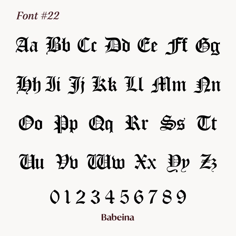 K&ouml;nnte beinhalten: Schriftart #22 in schwarzem gotischen Stil. Das Alphabet wird in Gro&szlig;buchstaben angezeigt, gefolgt von den Zahlen 0 bis 9.