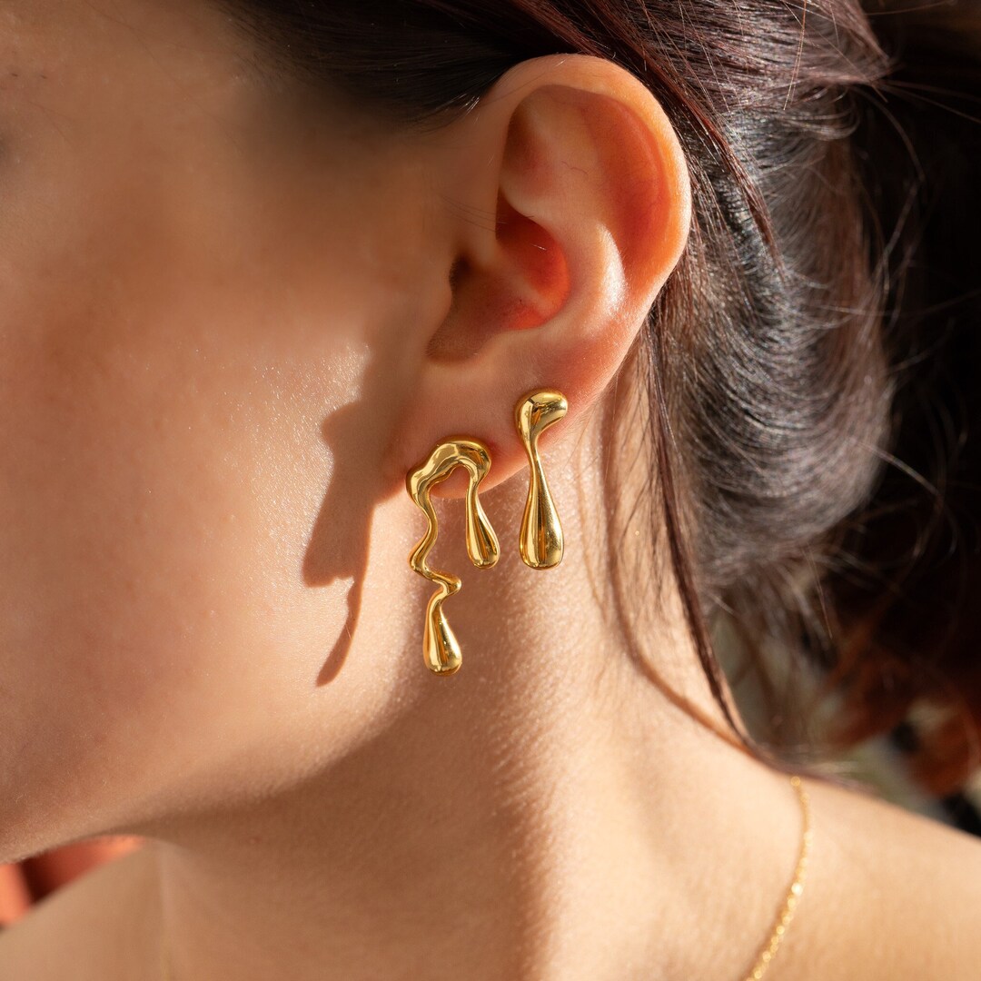 Melted Gold Earrings by Babeina, Irregular Large Stud Earrings,abstract Earrings, Contemporary Mismatched Earrings, Unique Jewelry - Etsy