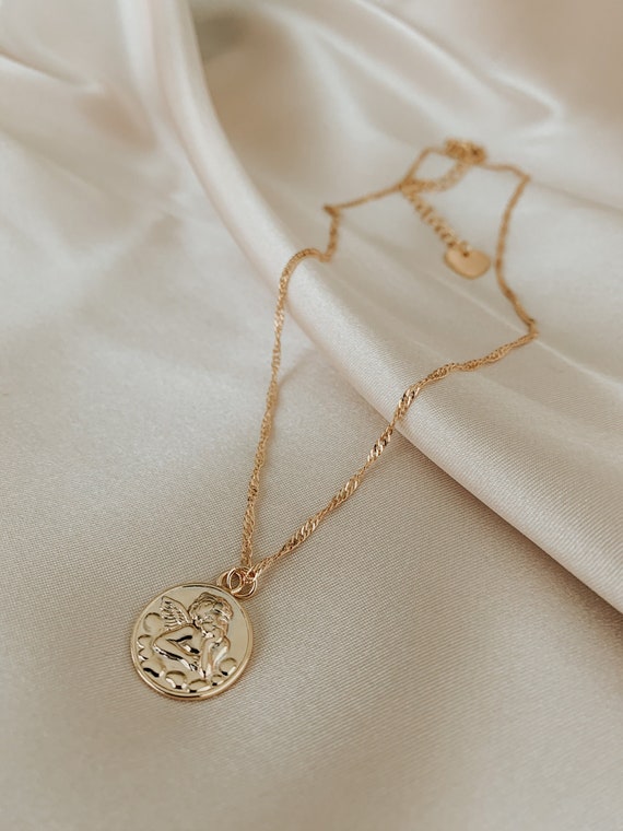 Gold Angel Coin Necklace Angel Medallion Necklace Gold Etsy UK