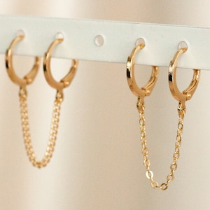 18K Gold Filled Chain Earrings, Double Piercing Earrings, Connected Earrings, Double Hoops, Pair Connected Hoops, Christmas Gift