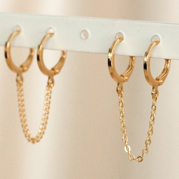 18K Gold Filled Chain Earrings, Double Piercing Earrings, Connected Earrings, Double Hoops, Pair Connected Hoops, Christmas Gift