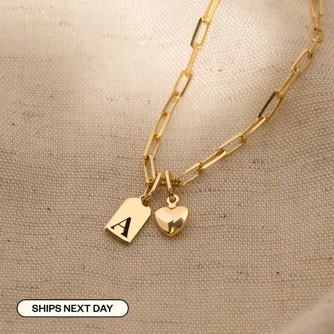 Personalized Heart Necklace, Custom Initial Tag Necklace With Mini Heart Charm, Personalized