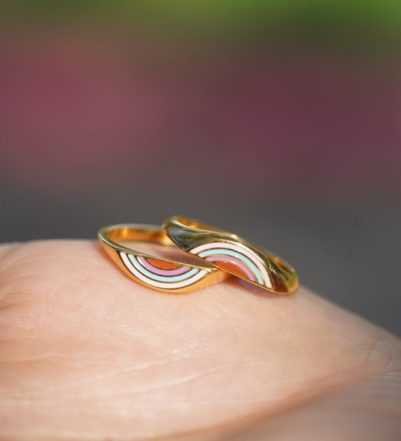 18K Gold Couple Ring Friendship Ring Rainbow Jewelry WATERPROOF