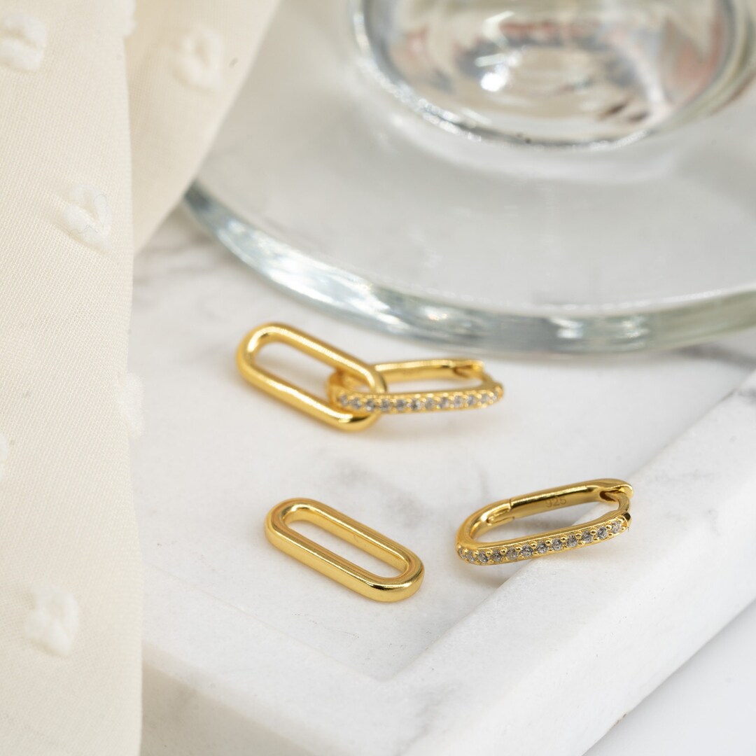 Pave Link Hoop Earrings, Solid 925 Sterling Silver, Cable Link Earrings