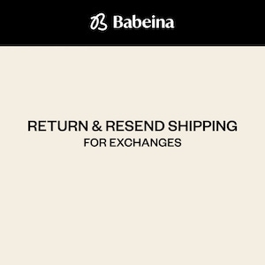 May include: Text on a white background that reads "Return & Resend Shipping for Exchanges". The text is in black and the background is a light beige color.