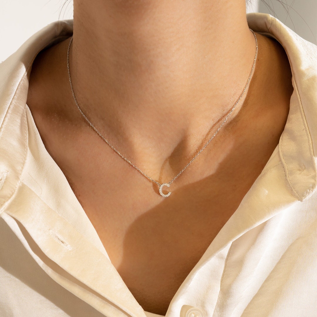 Silver Diamond Initial Necklace by Babeina, 925 Sterling Silver