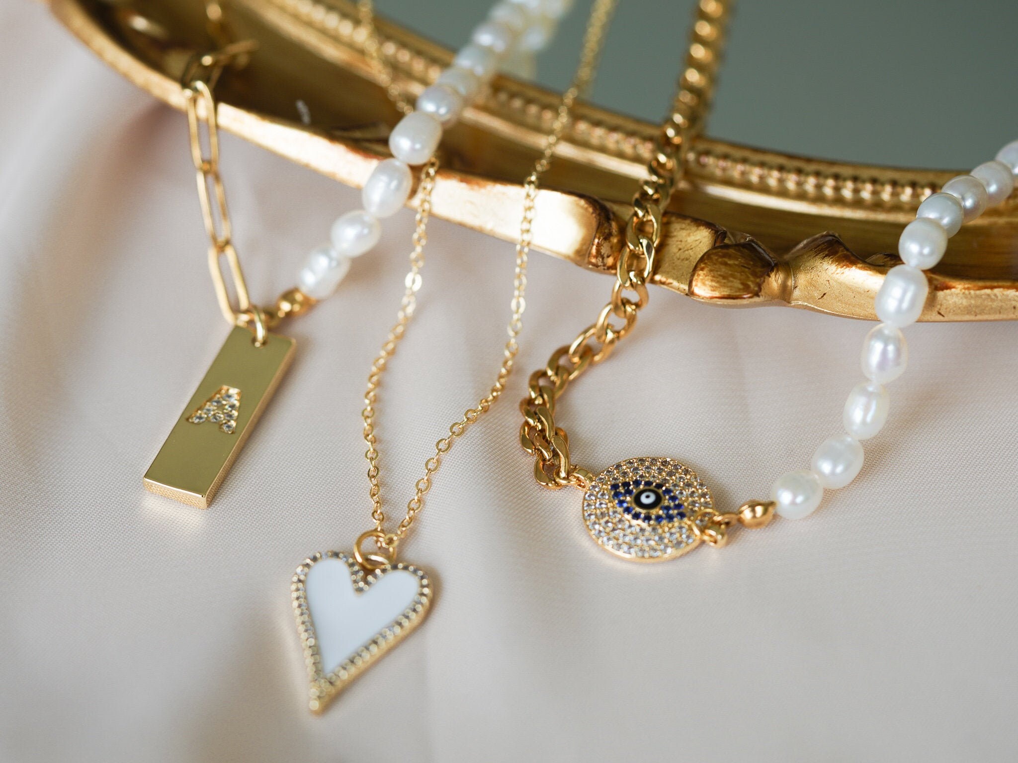 18K Gold Initial Necklace Half Pearl 