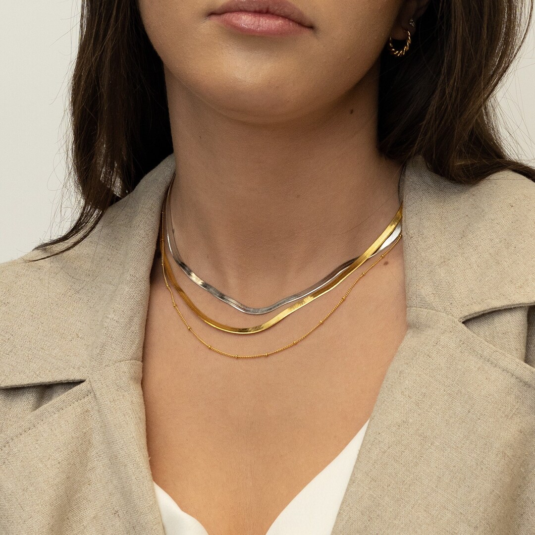 Gold VERMEIL Herringbone Necklace by Babeina, Herringbone Chain, Flat