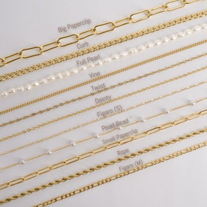 May include: A close-up of ten different gold chains, including a curb chain, a paperclip chain, a rope chain, a figaro chain, a pearl bead chain, and a vine chain. Each chain is labeled with its name.