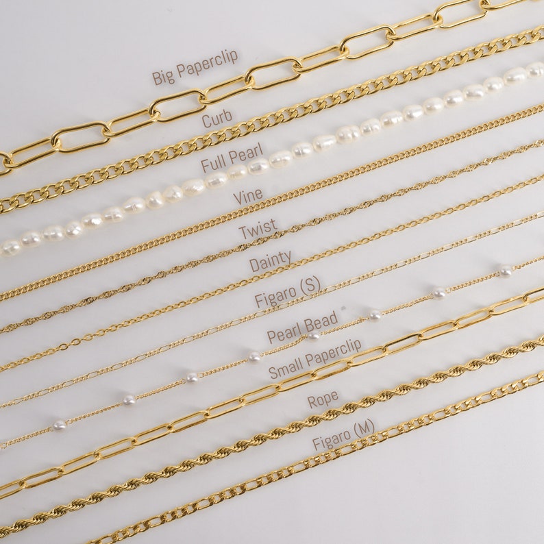May include: A close-up of ten different gold chains, including a curb chain, a paperclip chain, a rope chain, a figaro chain, a pearl bead chain, and a vine chain. Each chain is labeled with its name.