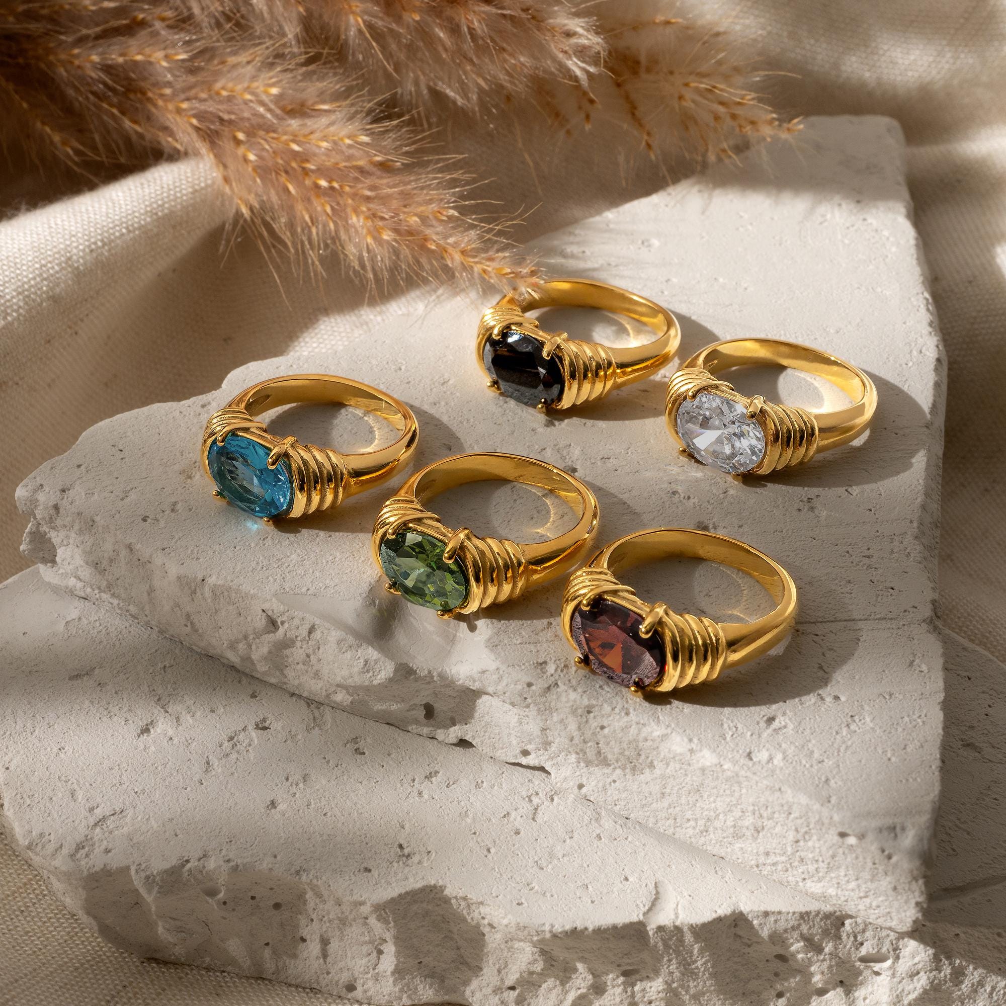 Gold Chunky Gemstone Ring, CZ Statement Ring, Bold Signet Ring, Oval ...