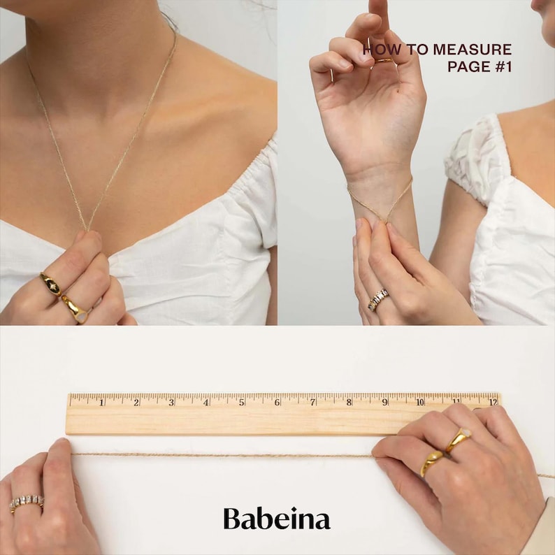 May include: How to measure a necklace and bracelet using a ruler. The image shows a wooden ruler with a string stretched across it. The text "Babeina" is printed below the ruler. The image also shows a person's hand holding the string around their wrist and another person's hand holding the string around their neck.