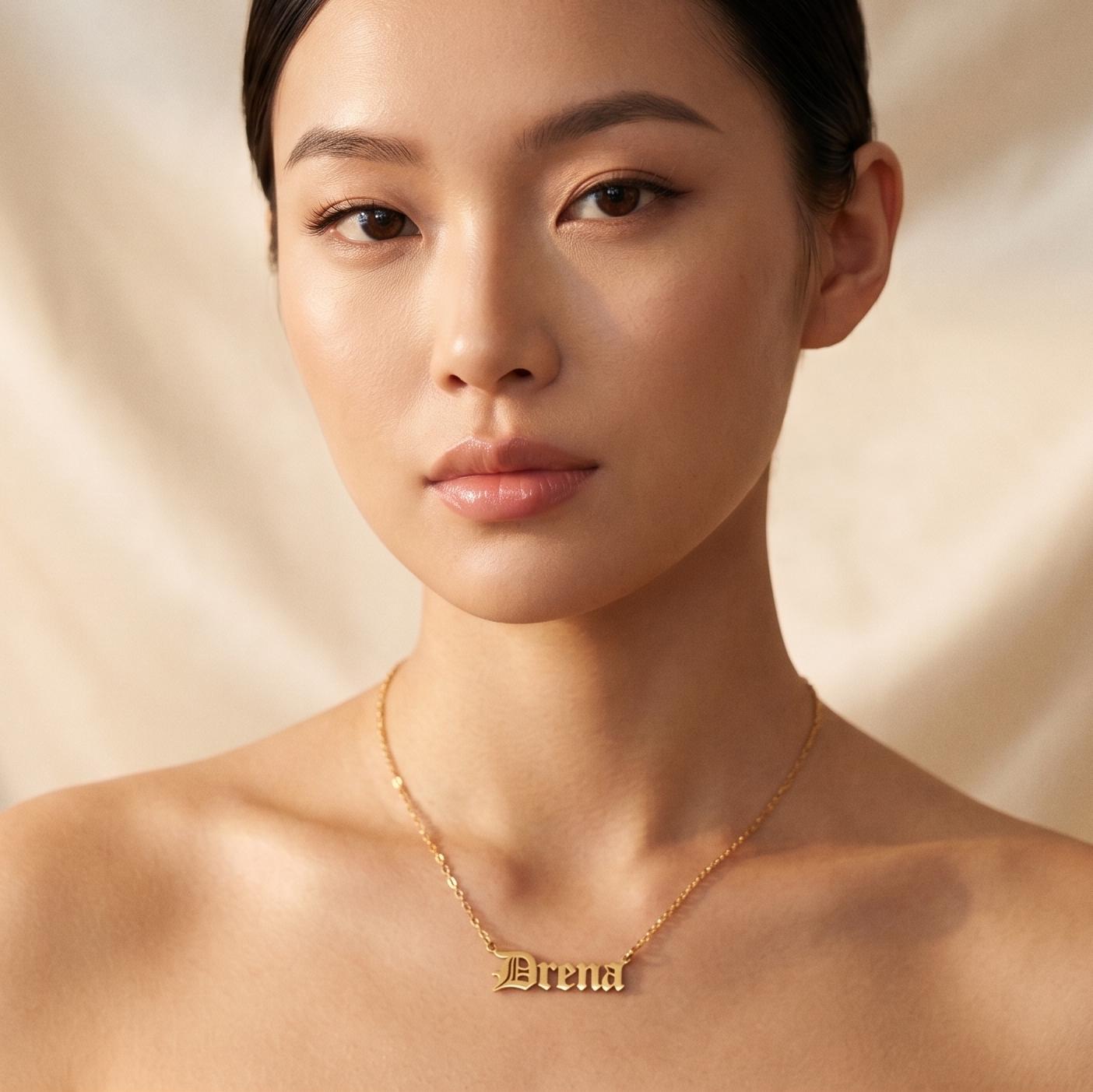 14K Gold Old English Name Necklace, Figaro Waterproof Name