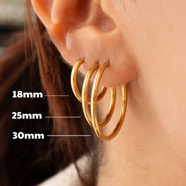 Gold Hoops Earrings, 18K Gold Plated Hoop Earrings,  Dainty Thin 18-25-30mm Small-Large Hoops, Everyday Waterproof Hoops, Jewelry Gift