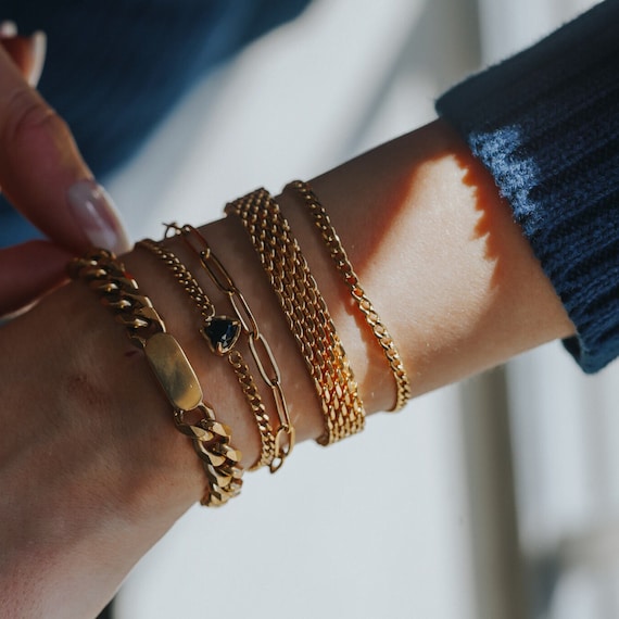 Gold Mesh Bracelet Cuban Bracelet Set, Chunky Bracelet Layer Set, Chain Bracelet by Babeina, Waterproof Stacking Bracelets, Christmas Gift