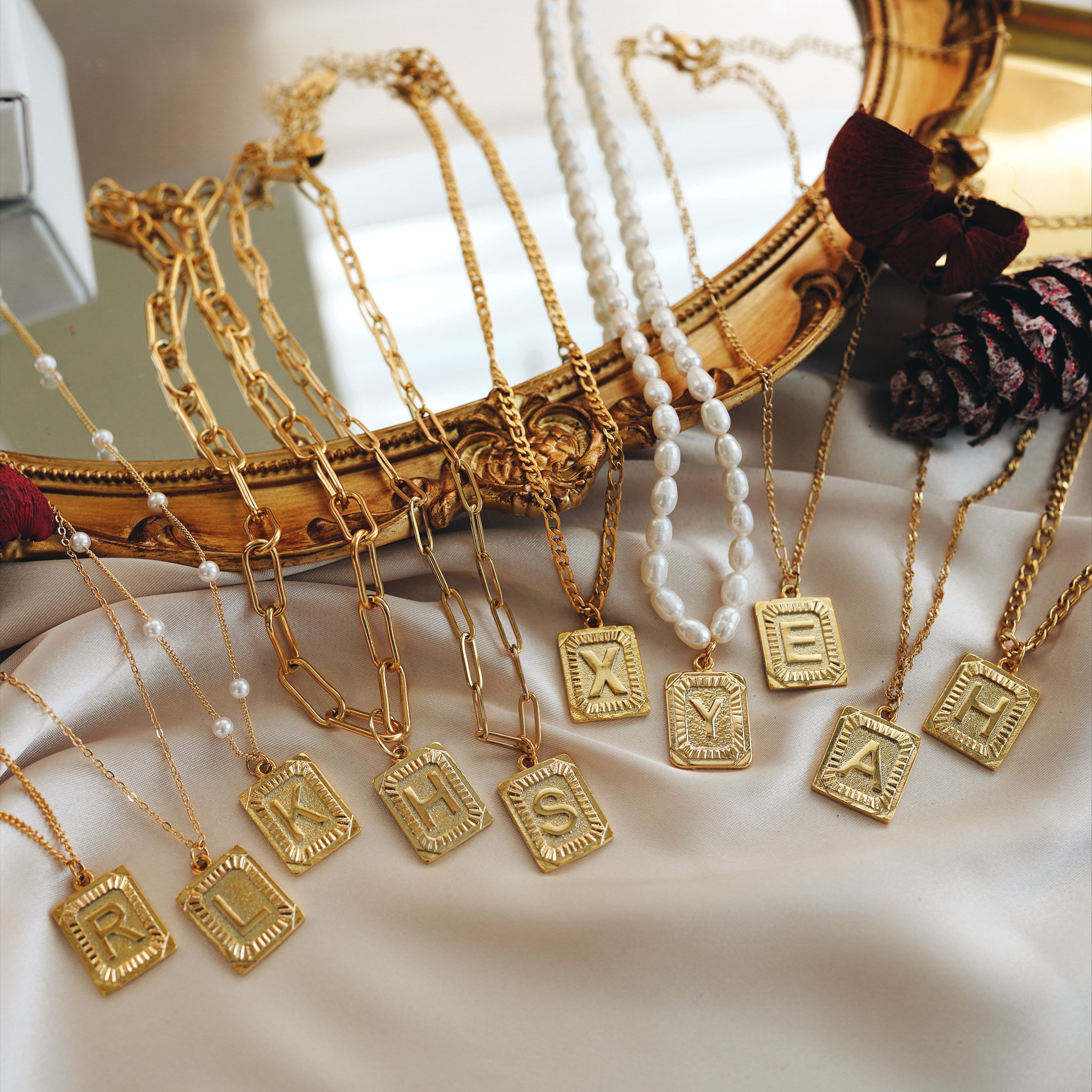 18K Gold Initial Letter Necklace Medal 